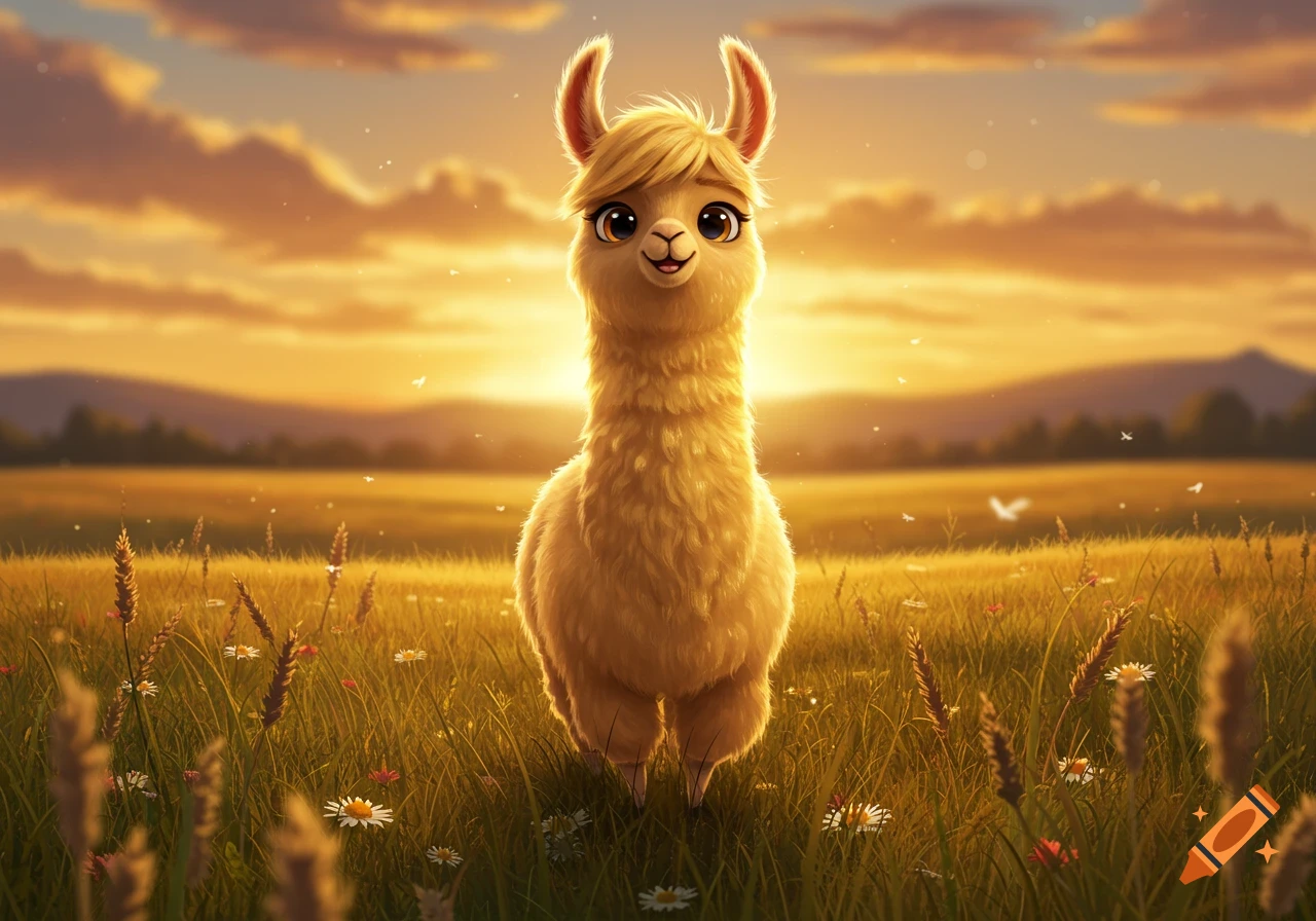 An animated llama stands in a golden field at sunset.