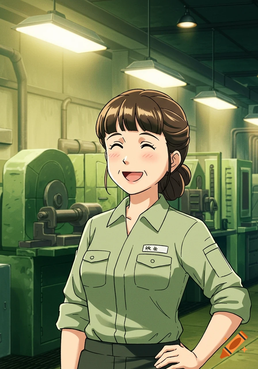 An anime-style smiling woman in a light green uniform stands in a factory, hands on hips.