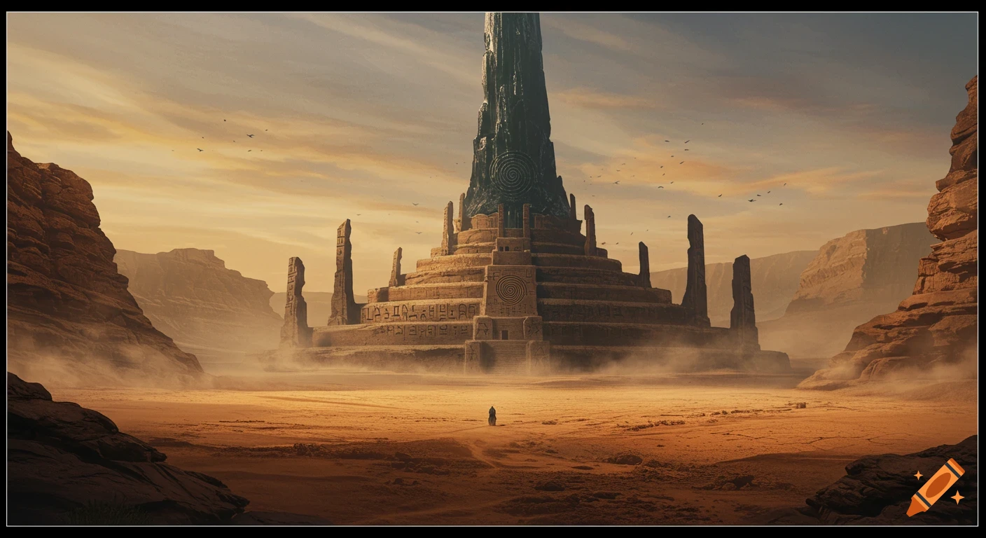 Colossal dark spire atop a tiered ancient structure with glyphs in a vast desert valley. Rock formations flank under a warm sky. Small figure approaches.