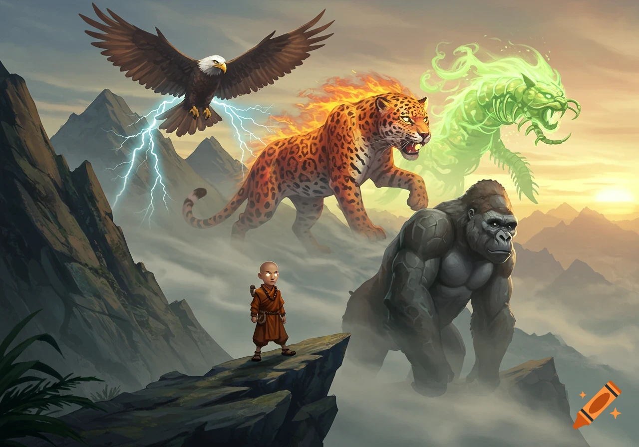 A small monk stands on a mountain peak at dawn with glowing eyes, surrounded by spirit animals: a lightning eagle, a fiery jaguar, a green mist centipede, and a stone gorilla, in a fantasy illustration.
