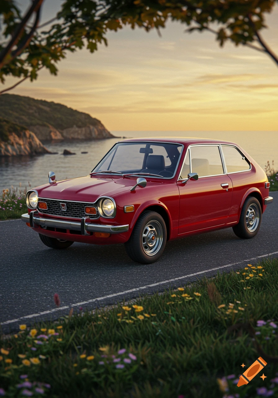 A red vintage Honda car parked on a coastal road at sunset, with the ocean, cliffs, and wildflowers in the background. Photorealistic.