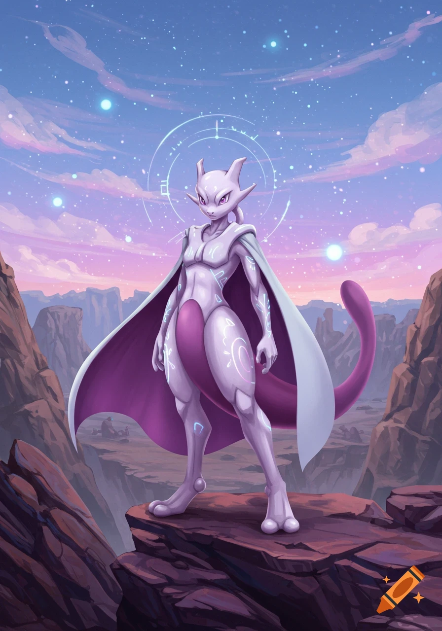 A purple and white humanoid creature resembling Mewtwo, wearing a white cape, stands on a rocky cliff under a starry, twilight sky.