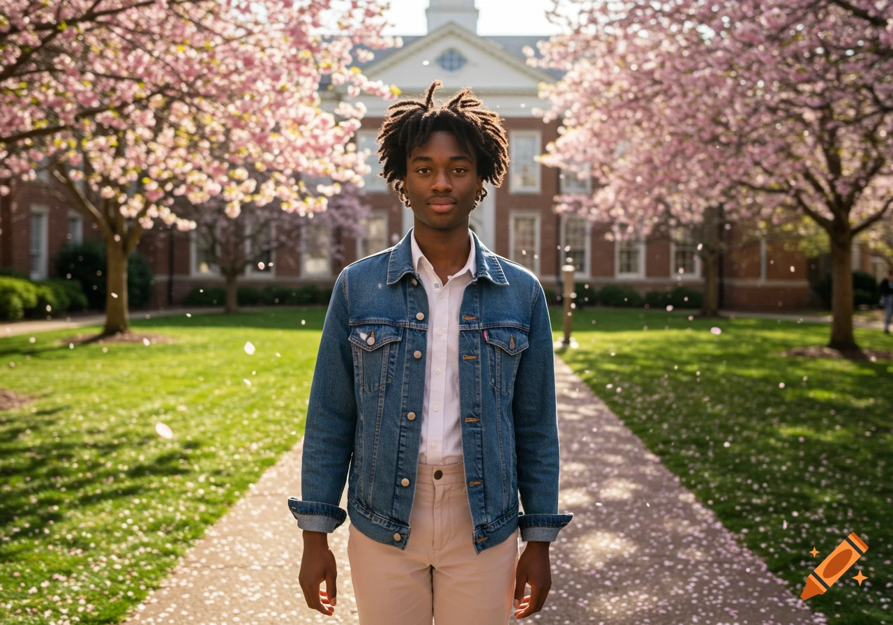 A young man with dreadlocks wears a denim jacket and stands on a path surrounded by cherry blossom trees on a college campus.