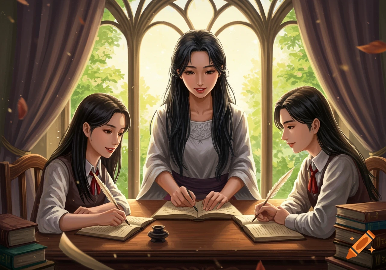 A teacher and two students with long black hair write in books with quills at a wooden desk by arched windows, in an anime art style.