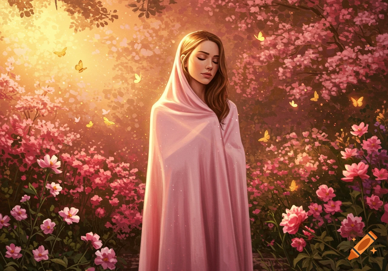 A serene woman wrapped in a pink cloth stands in a glowing, dreamlike garden filled with pink flowers and butterflies.