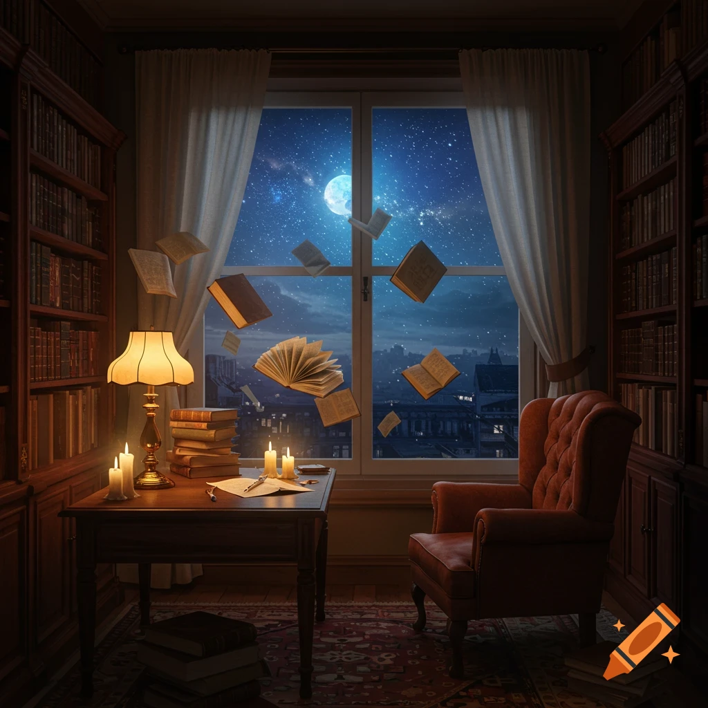 A cozy study room with floating books, a warm lamp, and a starry night sky visible through a large window.
