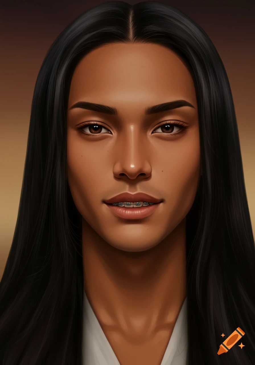 Close-up digital art portrait of a person with long black hair, light brown skin, brown eyes, and braces.