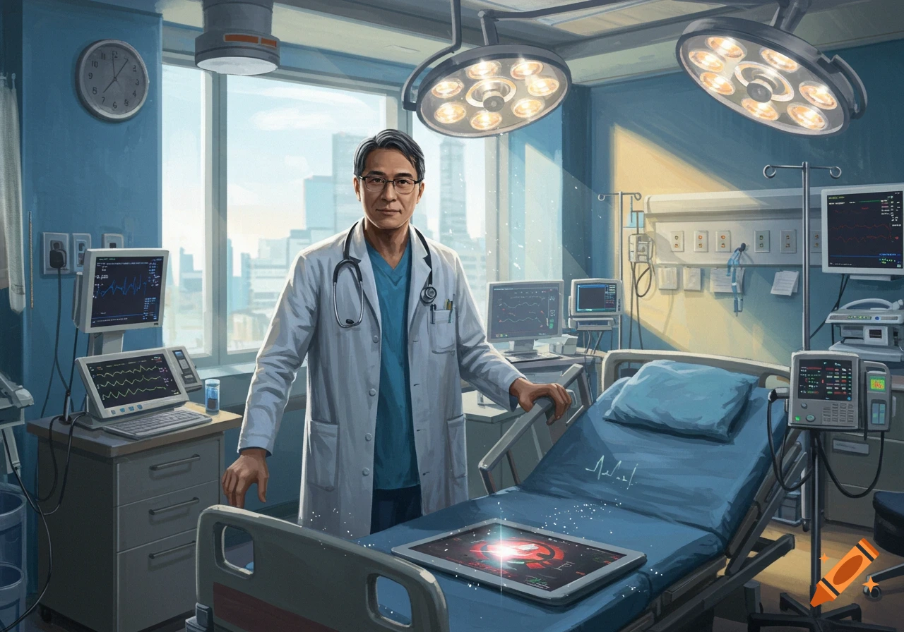 A male doctor in a white lab coat and stethoscope stands in a modern hospital room next to a patient bed, surrounded by medical equipment.