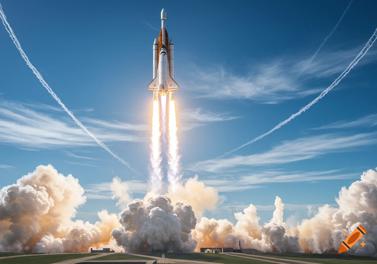 A rocket blasts off from a launchpad, spewing fire and smoke into a clear blue sky.