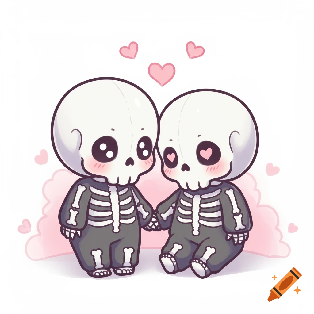 Cute chibi skeleton couple holding hands with pink hearts, in a soft pastel cartoon style.