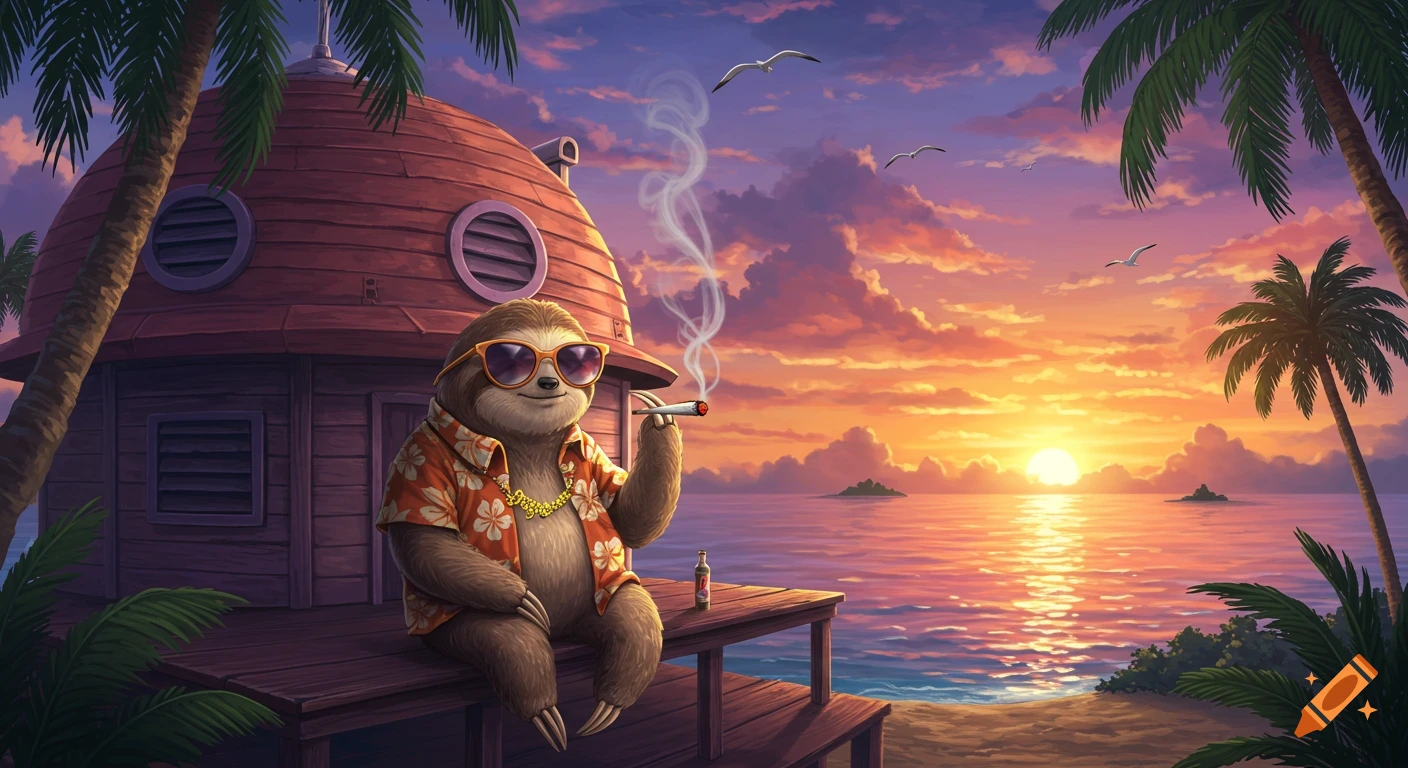 A cartoon sloth in sunglasses and a Hawaiian shirt sits on a porch, smoking a joint at sunset by the ocean, with palm trees and a red domed house.