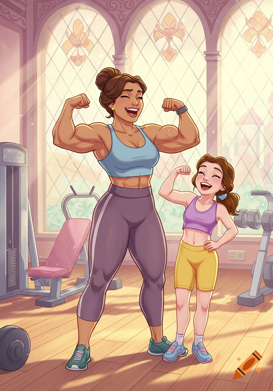 Cartoon of a muscular woman and a young girl flexing their biceps in a gym, resembling Disney's Belle and her mother.