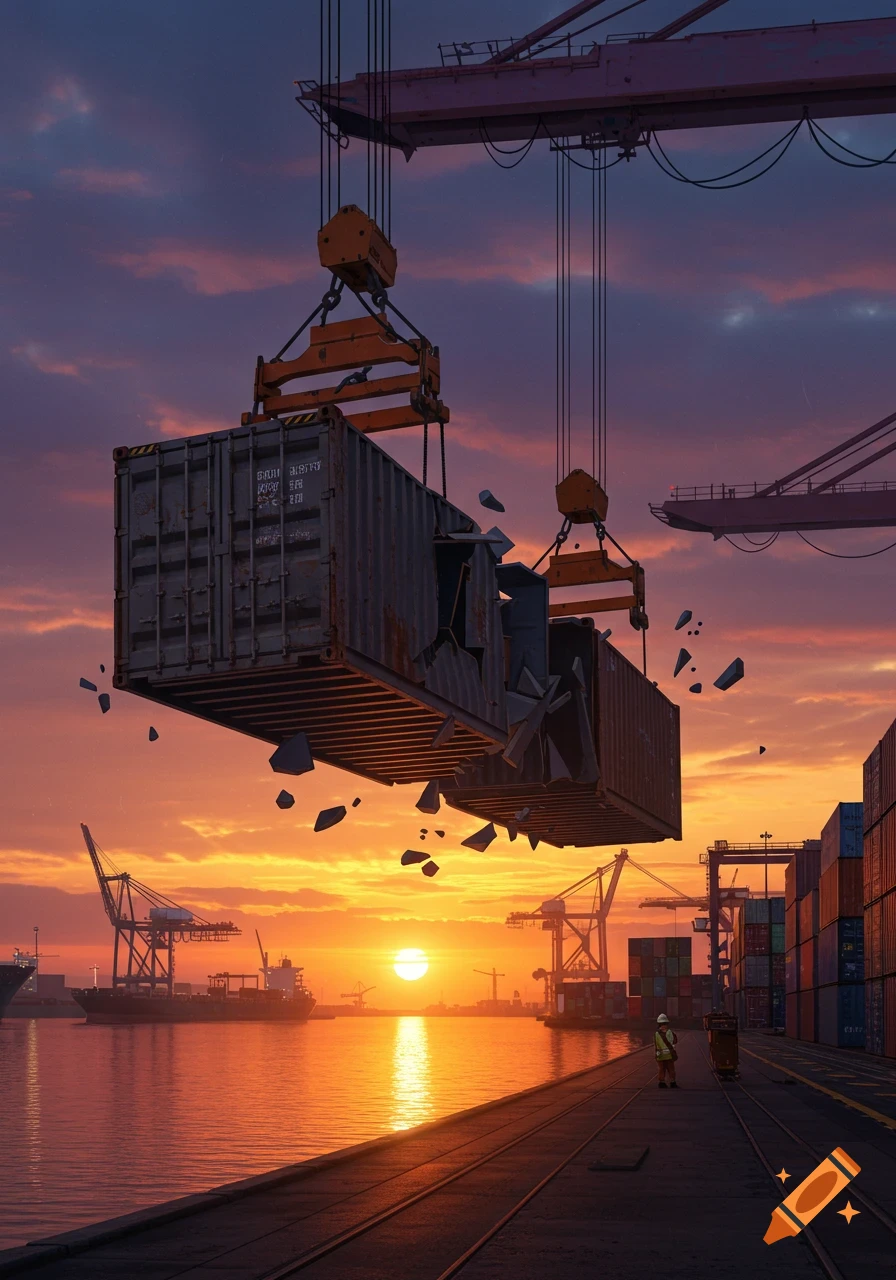 A large shipping container breaks apart while being lifted by a crane at a busy, photorealistic port during a vibrant sunset.