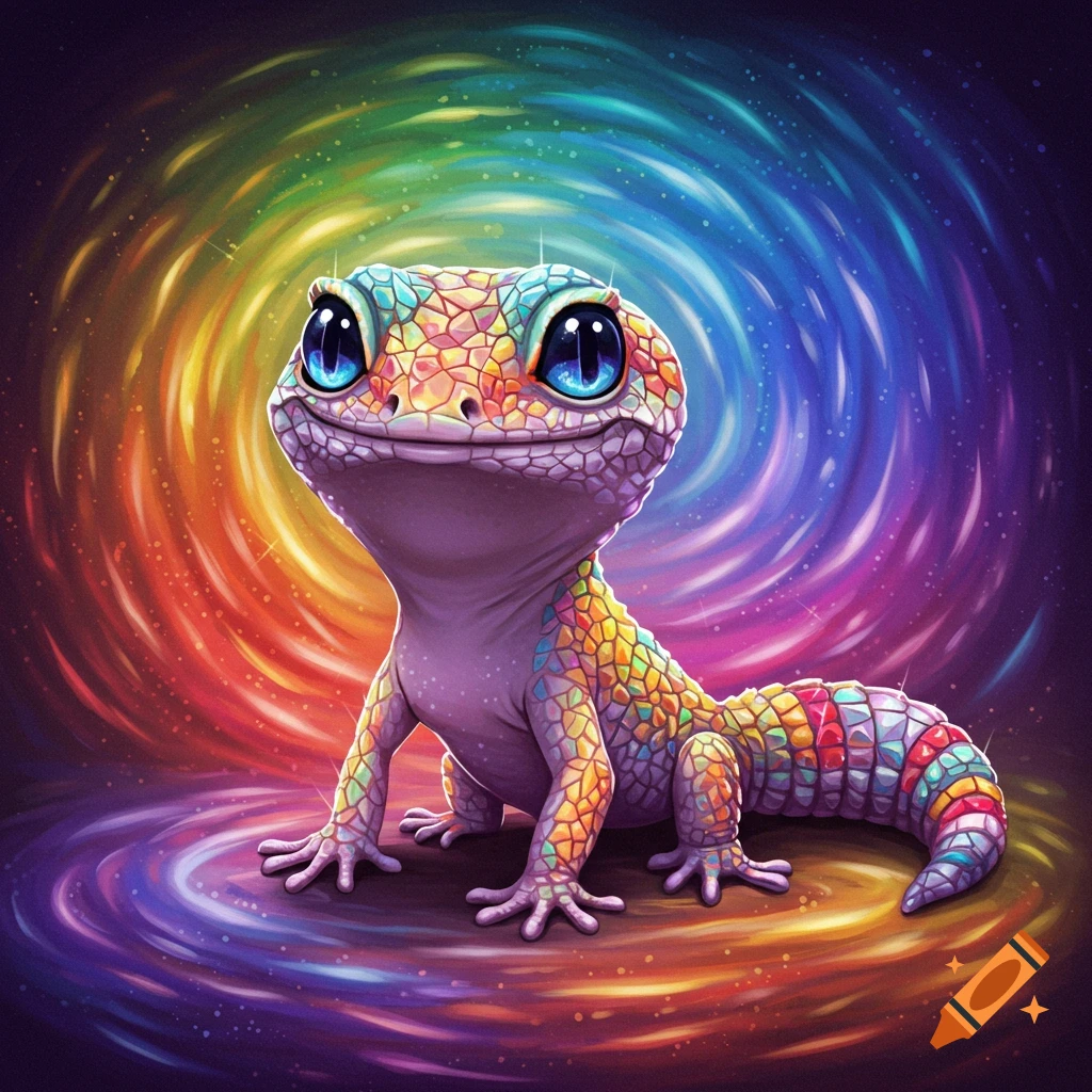 A cute, smiling, multi-colored mosaic gecko with blue eyes sits on a psychedelic rainbow swirl background.