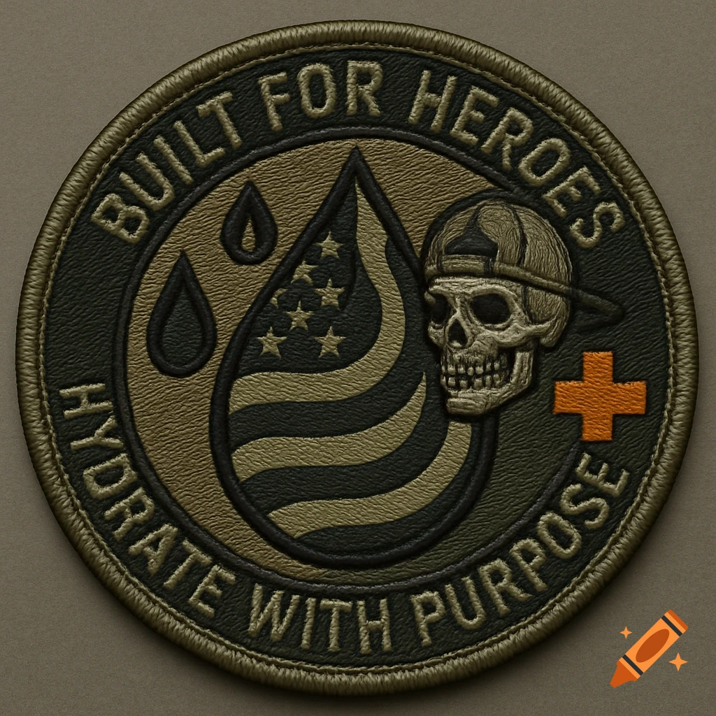 Circular tactical embroidered patch with 'Built for Heroes' and 'Hydrate with Purpose' text, a skull in a baseball cap, a striped water droplet, and an orange cross.