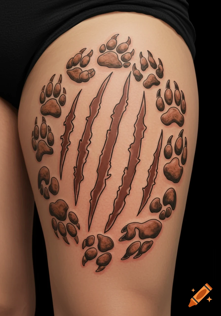 A tattoo on an upper thigh featuring multiple brown animal paw prints surrounding central claw marks.