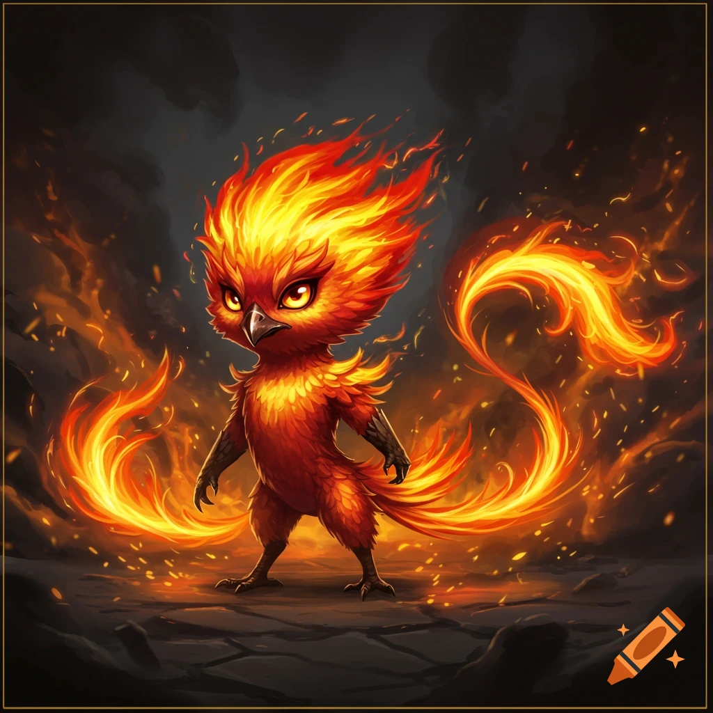 A cute, fiery, phoenix-like creature with glowing eyes and a fire whip tail, standing amidst flames in a cartoon style.