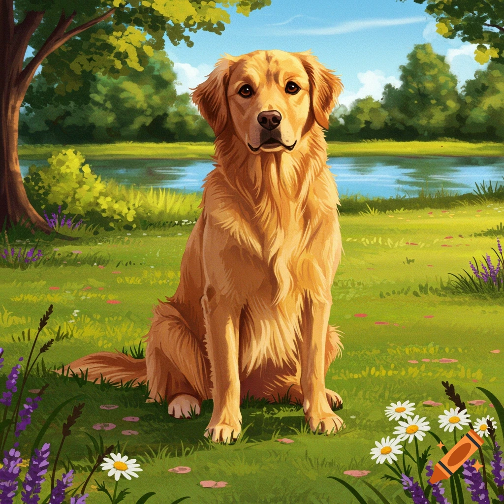A golden retriever dog sits in a sunny green park with wildflowers, a lake, and trees in an illustrative style.