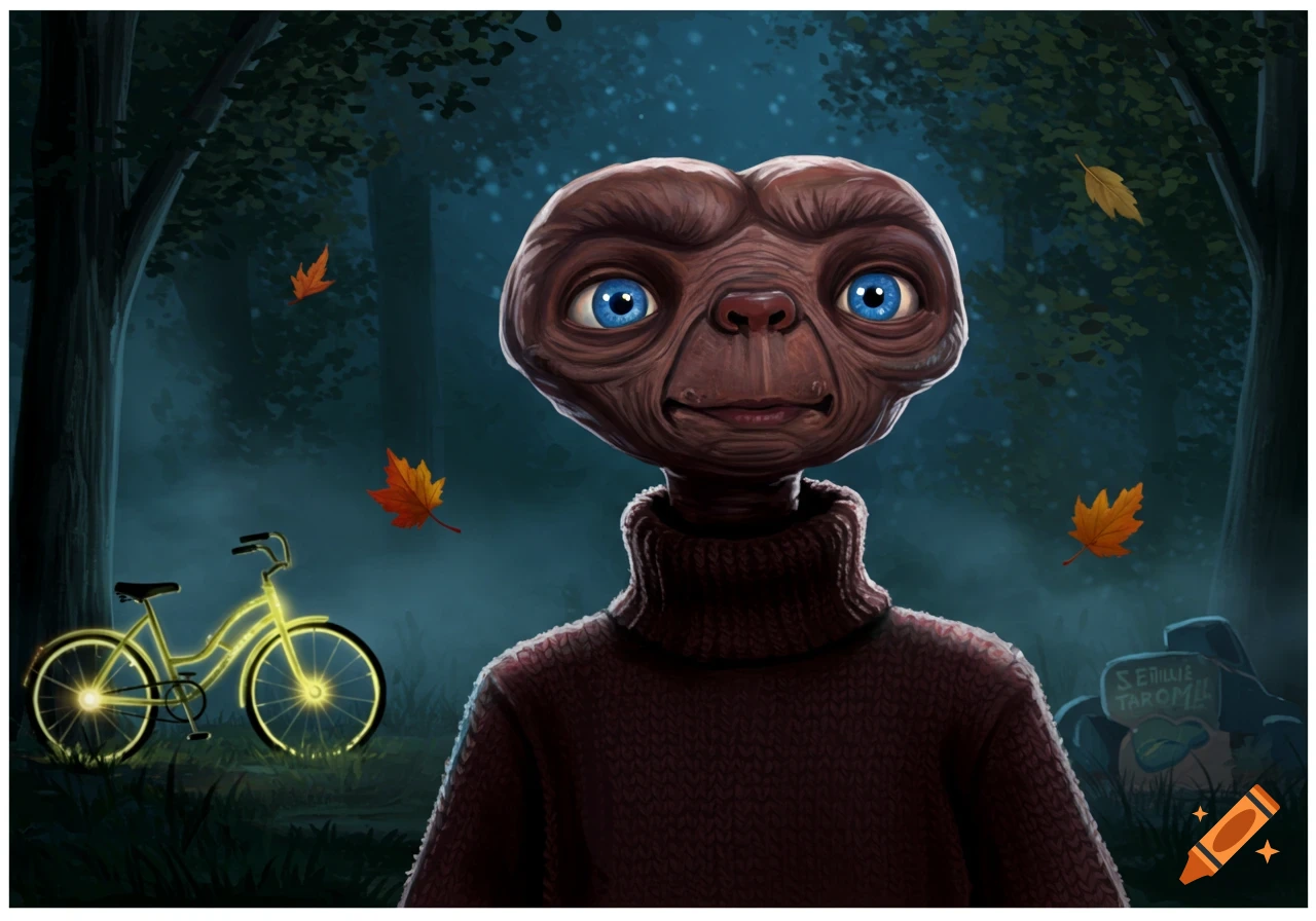 E.T., the alien, wearing a red turtleneck sweater, stands in a dark, foggy forest with glowing trees and a luminous bicycle behind him, with autumn leaves falling.