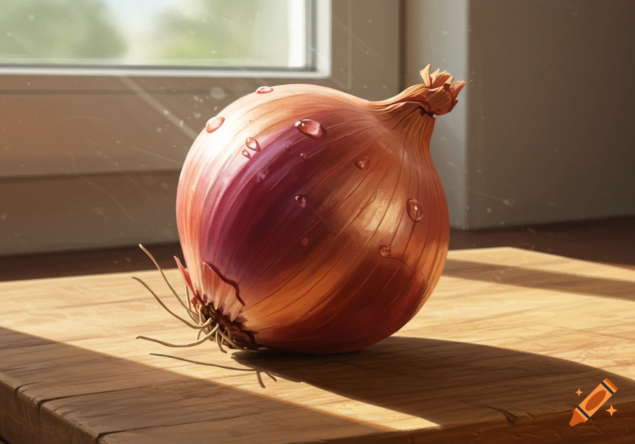 A single, wet onion sits on a wooden cutting board in sunlight, with a window in the background.