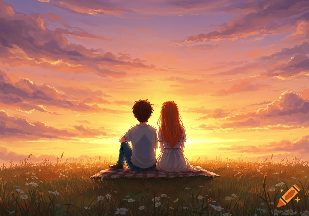An anime boy and girl sit on a picnic blanket on a grassy hill, watching a vibrant orange and purple sunset.