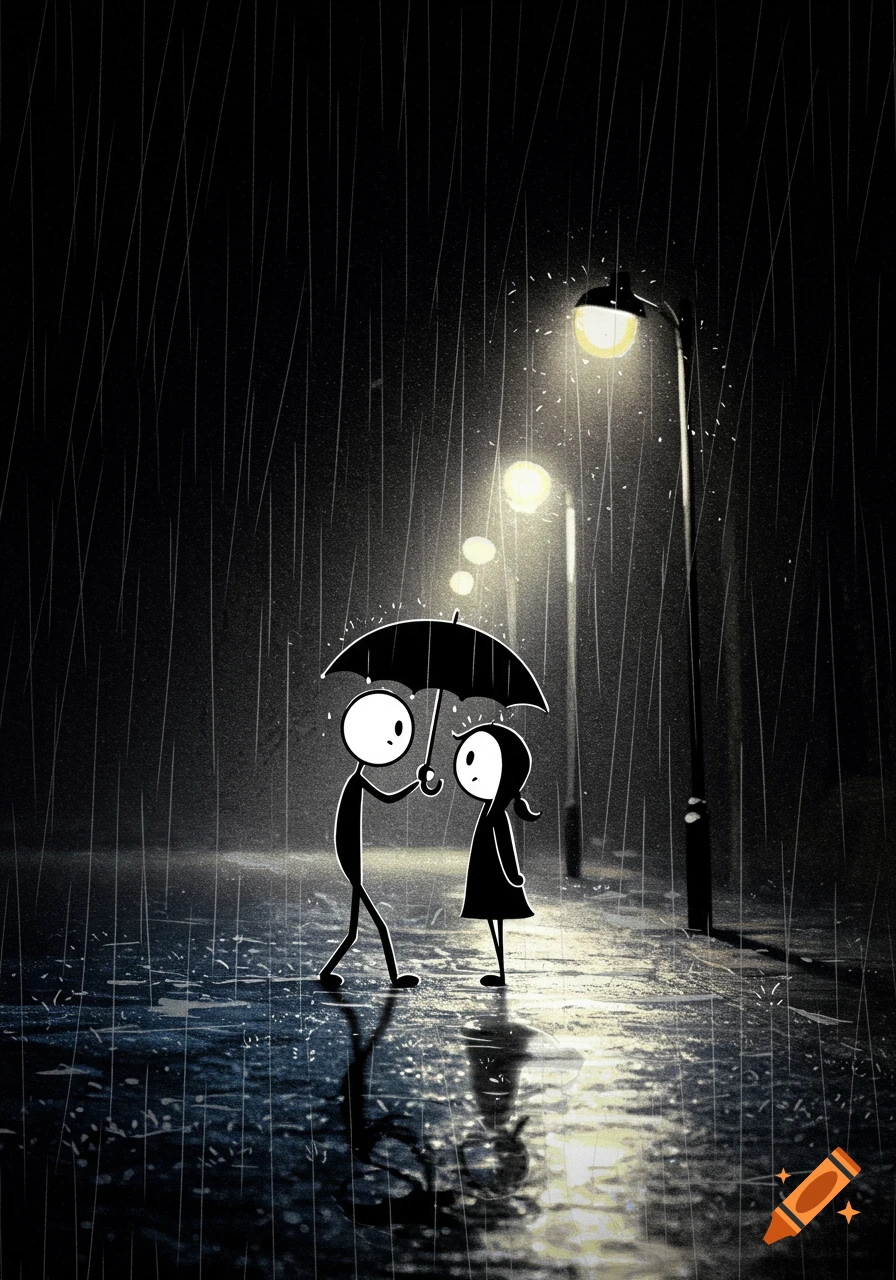 Stickman illustration of one stick figure holding an umbrella over another on a rainy street at night.