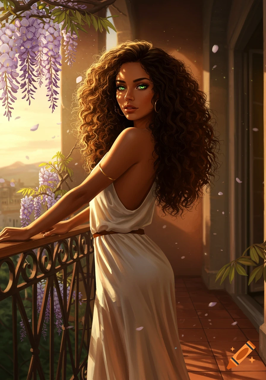 A woman with long curly hair and vibrant green eyes on a balcony with wisteria flowers at sunset, digital art.