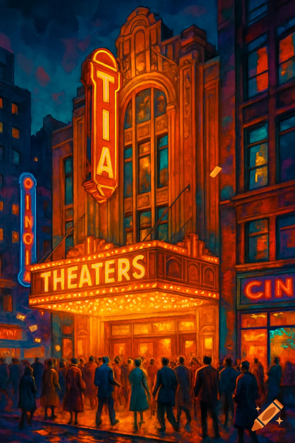 A vibrant, painterly depiction of a vintage theater at night, with "THEATERS" and "TIA" glowing neon signs above a crowd of people entering.