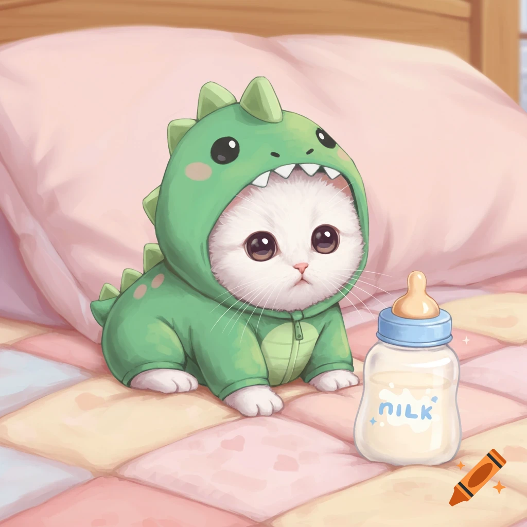 A cute fluffy white kitten wearing a green dinosaur costume sits next to a baby bottle of milk in anime style.