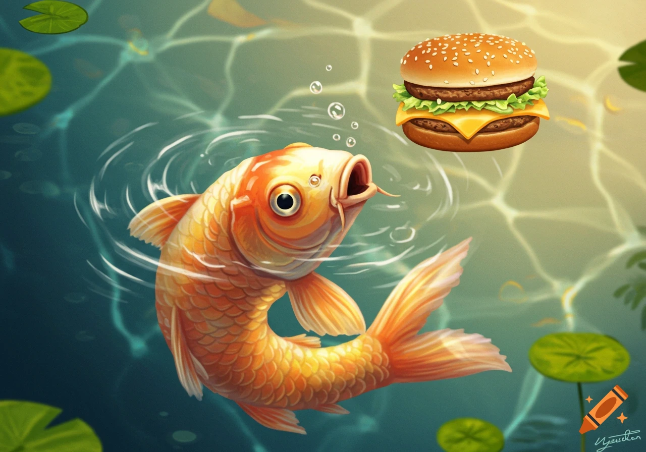 A cartoonish koi fish swims underwater, mouth open, looking up at a floating hamburger with cheese and lettuce, with lily pads on the water surface.
