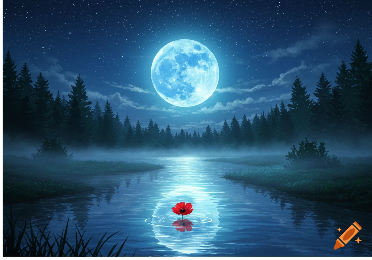 A luminous blue full moon over a misty river reflecting its light, a red flower floats centrally. Dark forest edges the river.