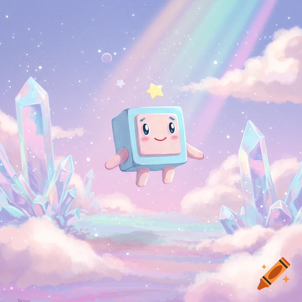 A cute, light blue, cube-shaped character with a smiling pink face floats in a dreamy pastel sky with fluffy clouds, shimmering crystals, and a rainbow.