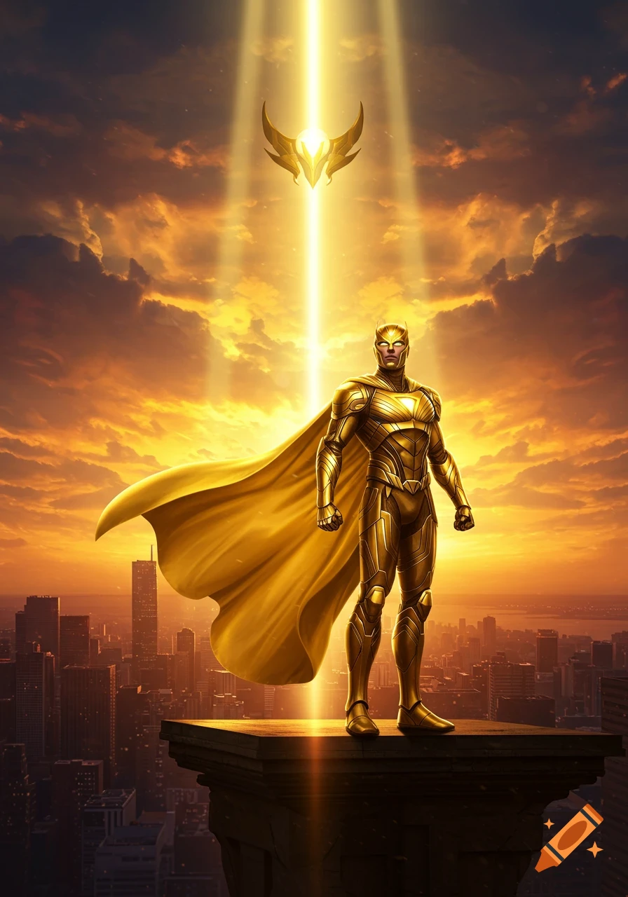 A golden superhero with a flowing cape stands atop a building at sunset, with a glowing symbol and light rays above.
