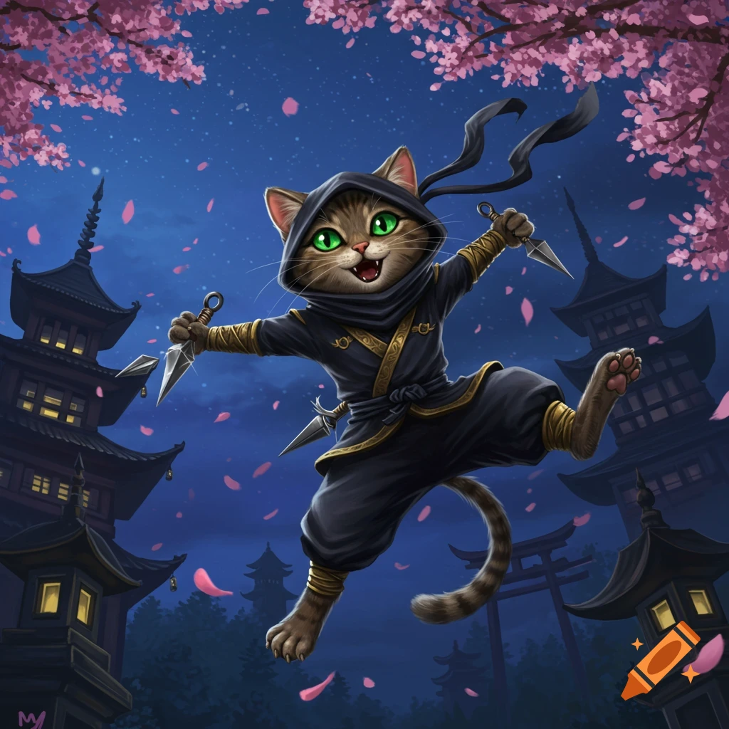 A happy cartoon cat ninja jumps, holding throwing knives, against a night sky with pagodas and pink cherry blossoms.