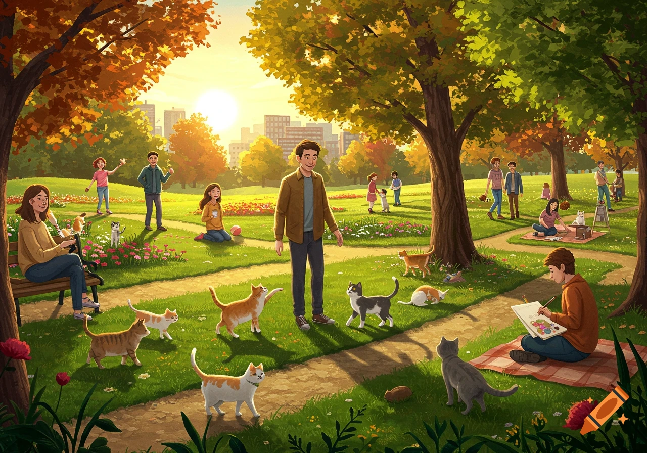 Vibrant illustration of a sunny park with people and cats playing and relaxing among trees and flowers.
