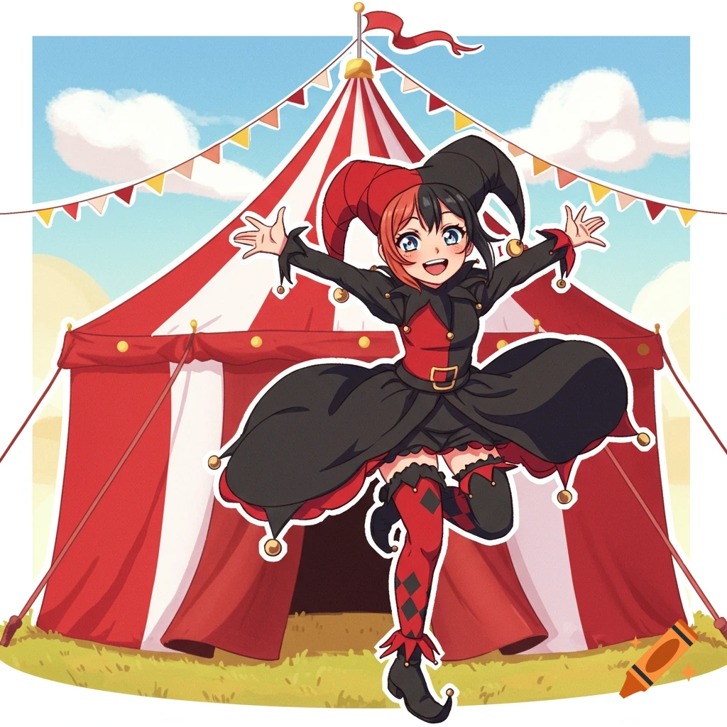 An anime-style girl dressed as a red and black jester, arms outstretched, in front of a red and white circus tent.