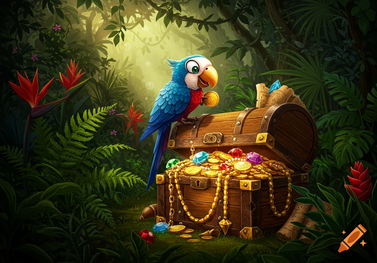 A vibrant cartoon blue parrot sits on an open treasure chest overflowing with gold coins and colorful gems in a lush jungle.