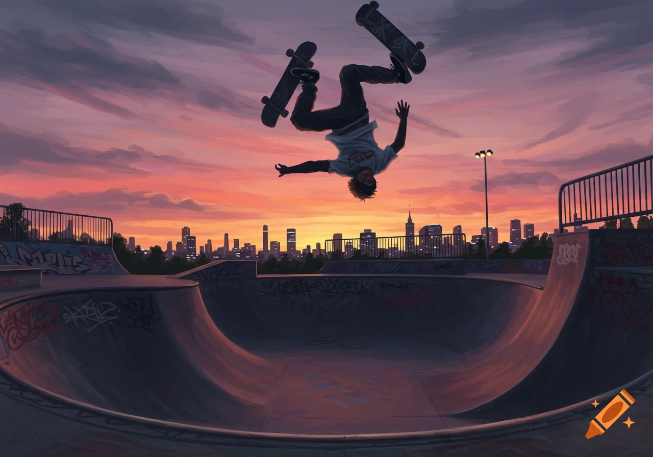 An illustrated skateboarder does a flip trick high above a skatepark at sunset, with a city skyline in the background.