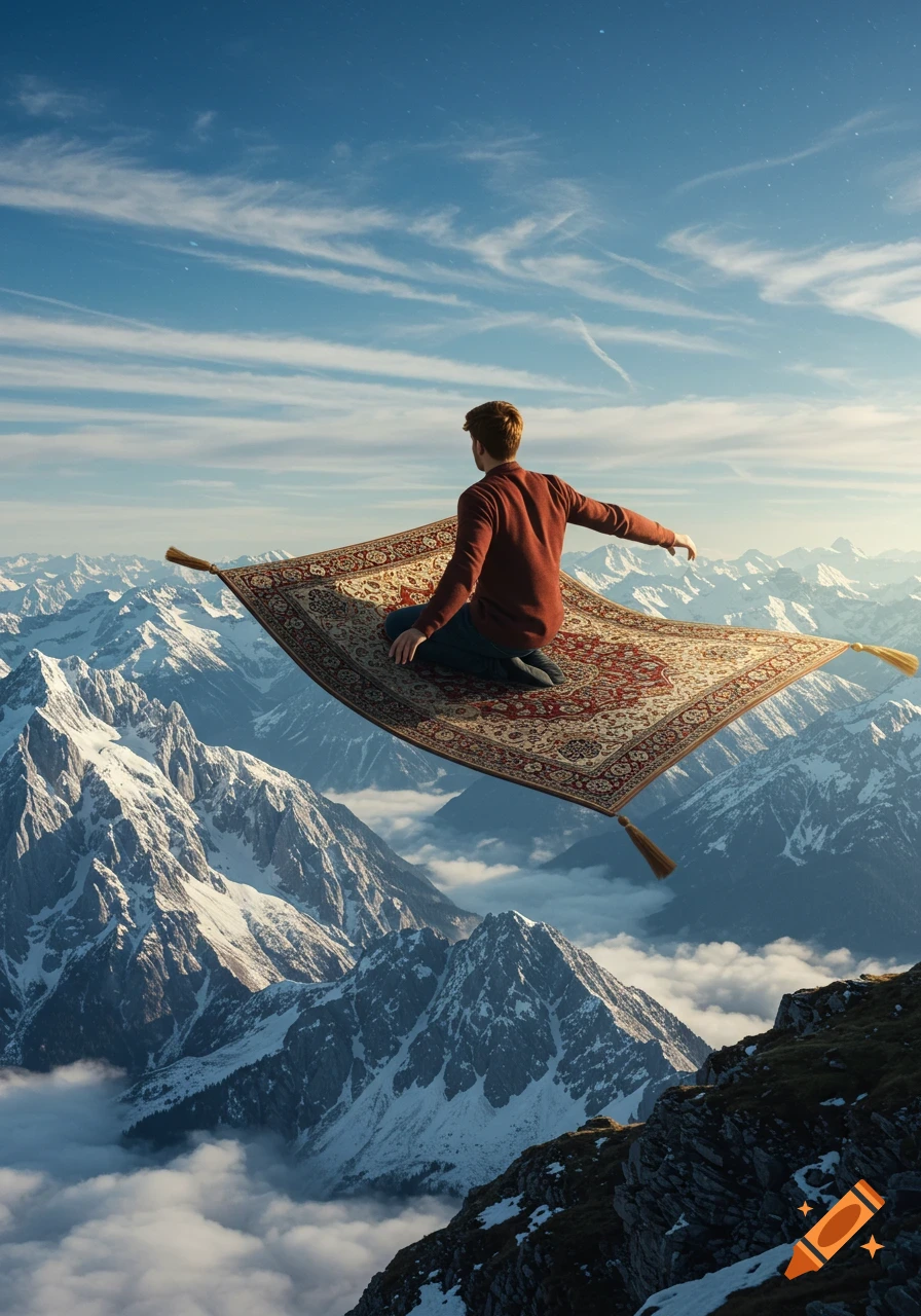Young man on a magic carpet flying high above snow-capped mountains and clouds, photorealistic.