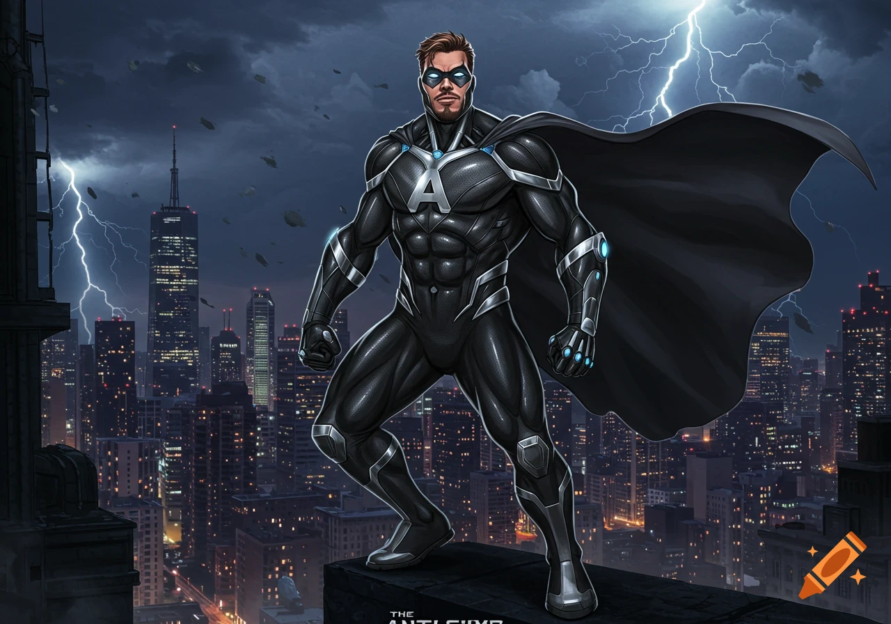 A male superhero in a black suit with silver and blue accents stands on a rooftop overlooking a stormy city at night, comic book art style.
