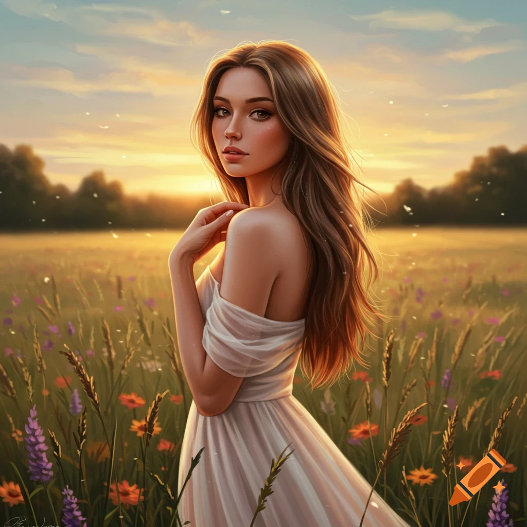 A beautiful young woman with long hair in a white dress stands in a sunlit field of wildflowers at sunset, digital painting.