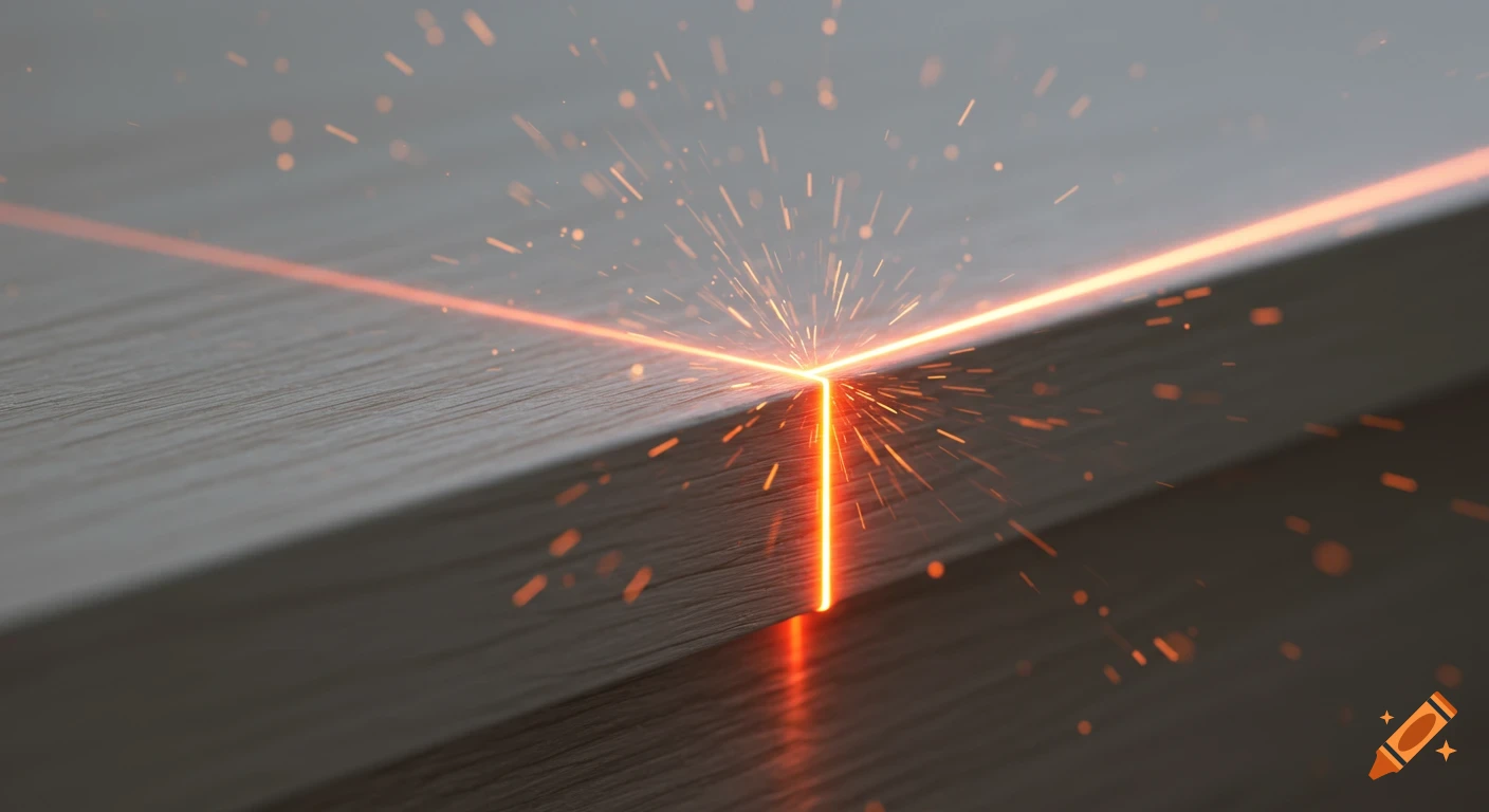 A dramatic, cinematic close-up of an orange laser beam hitting the edge of a light wooden board, creating bright sparks and reflections.