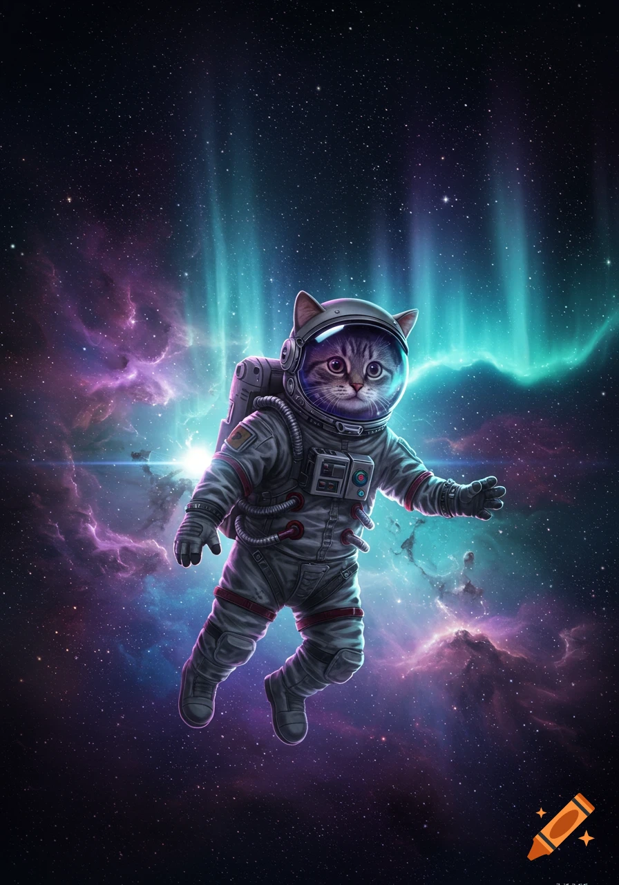 Cute tabby cat in a detailed astronaut suit floats through vibrant purple and turquoise nebulae in starry space.