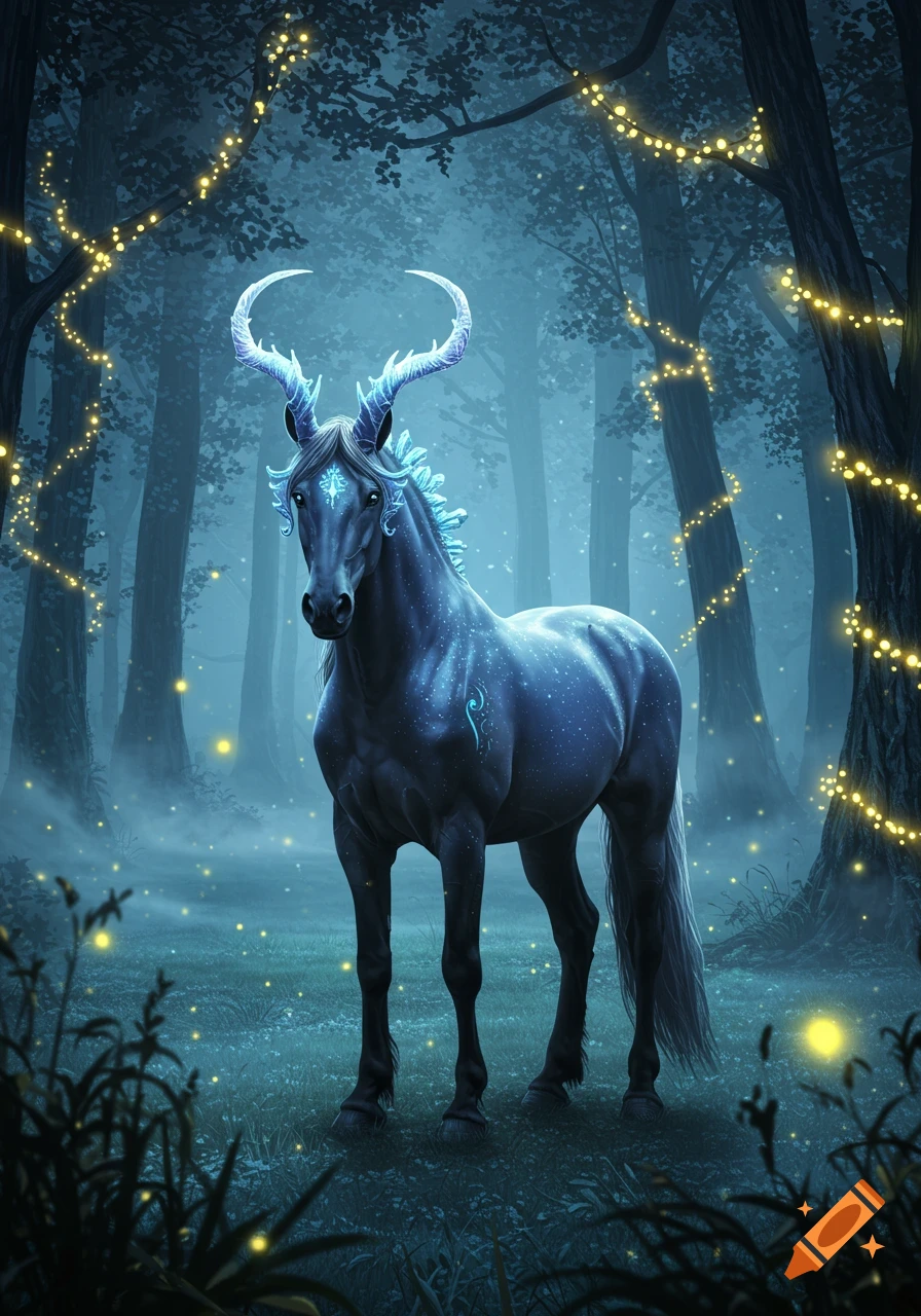 A dark, fantastical horse-like creature with glowing blue antlers and stardust markings stands in a misty forest illuminated by glowing yellow lights.