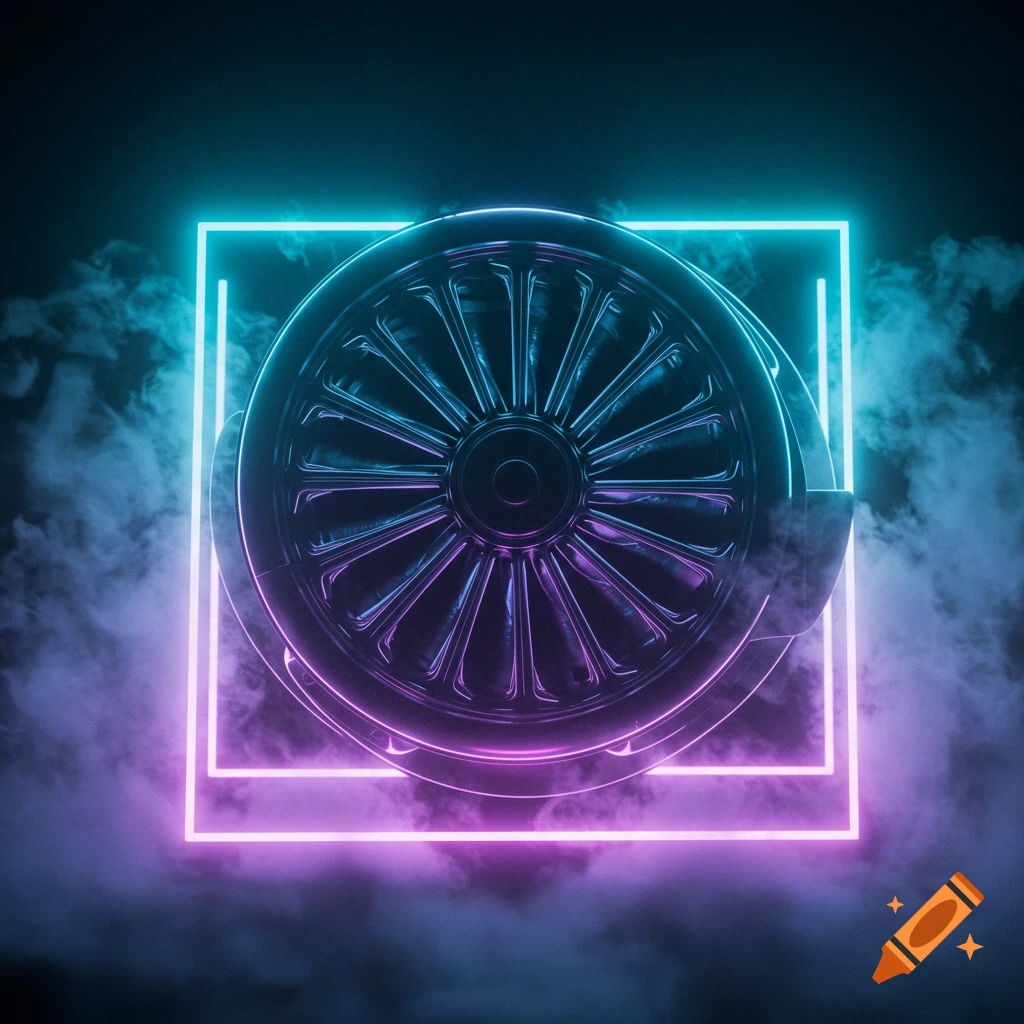 A metallic fan inside glowing cyan and magenta neon squares, surrounded by smoke on a dark background, in a futuristic style.