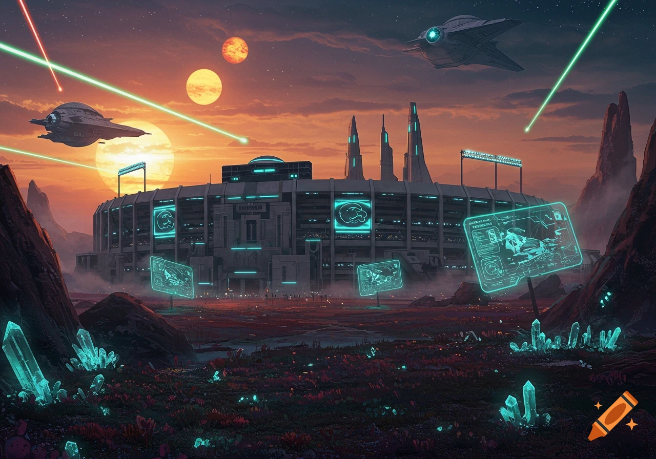 Futuristic stadium with neon lights and holographic displays under an alien sunset, spaceships flying, and glowing crystals.