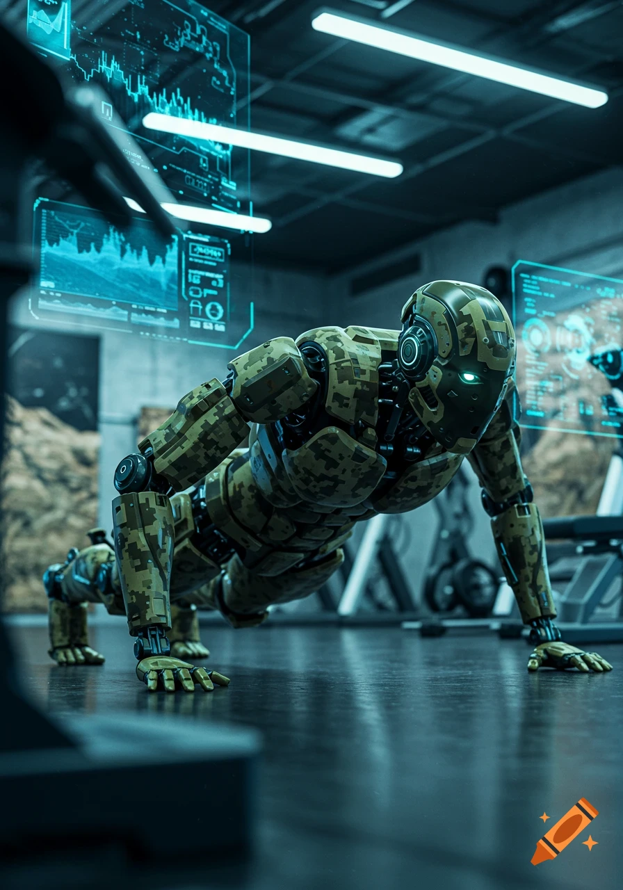 A camouflaged robot does push-ups in a futuristic gym, surrounded by glowing holographic data screens.