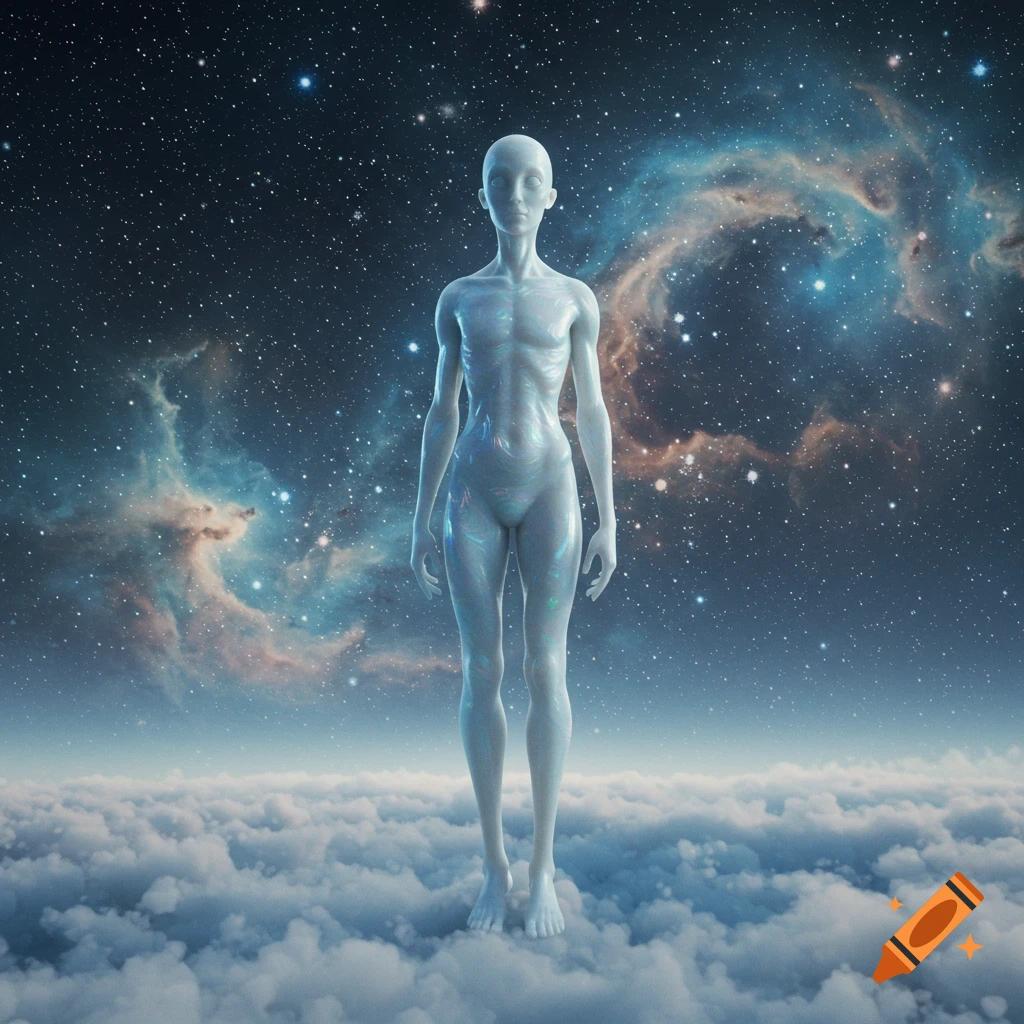 A pale, luminous humanoid figure stands upright on soft clouds under a dark, star-filled sky with colorful nebulae.