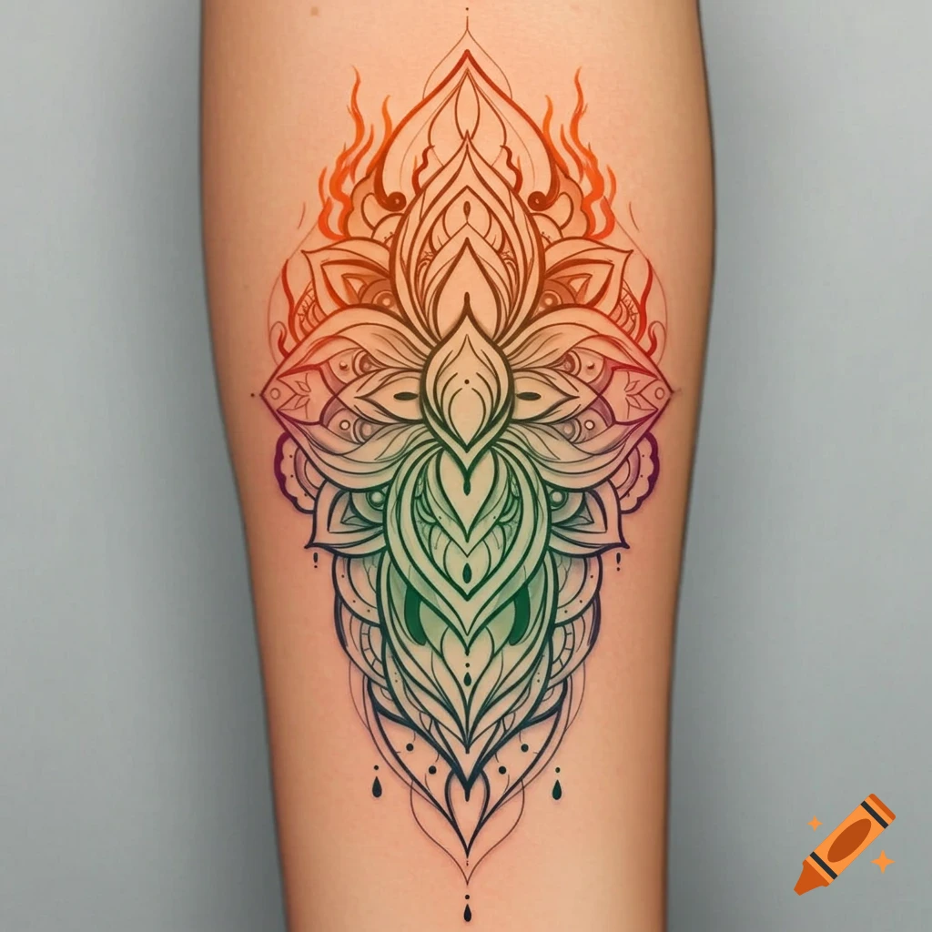 A vibrant rainbow-colored lotus mandala tattoo on a person's arm.