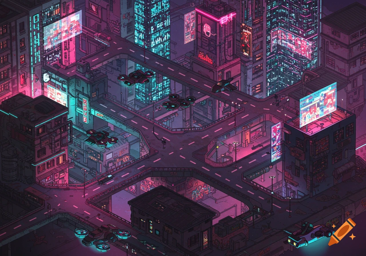 A neon-lit isometric cyberpunk city at night with flying vehicles, glowing billboards, and multi-level roads.